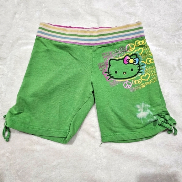 Sanrio Hello Kitty Girls Shorts Green Cinch Side Pulls Elastic Waist Striped 𝑀 - Picture 1 of 9